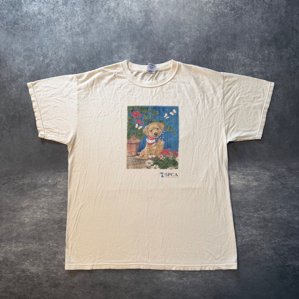 VTG SPCA International Puppy Graphic T Shirt Large Off White Dog Patriotic Y2K